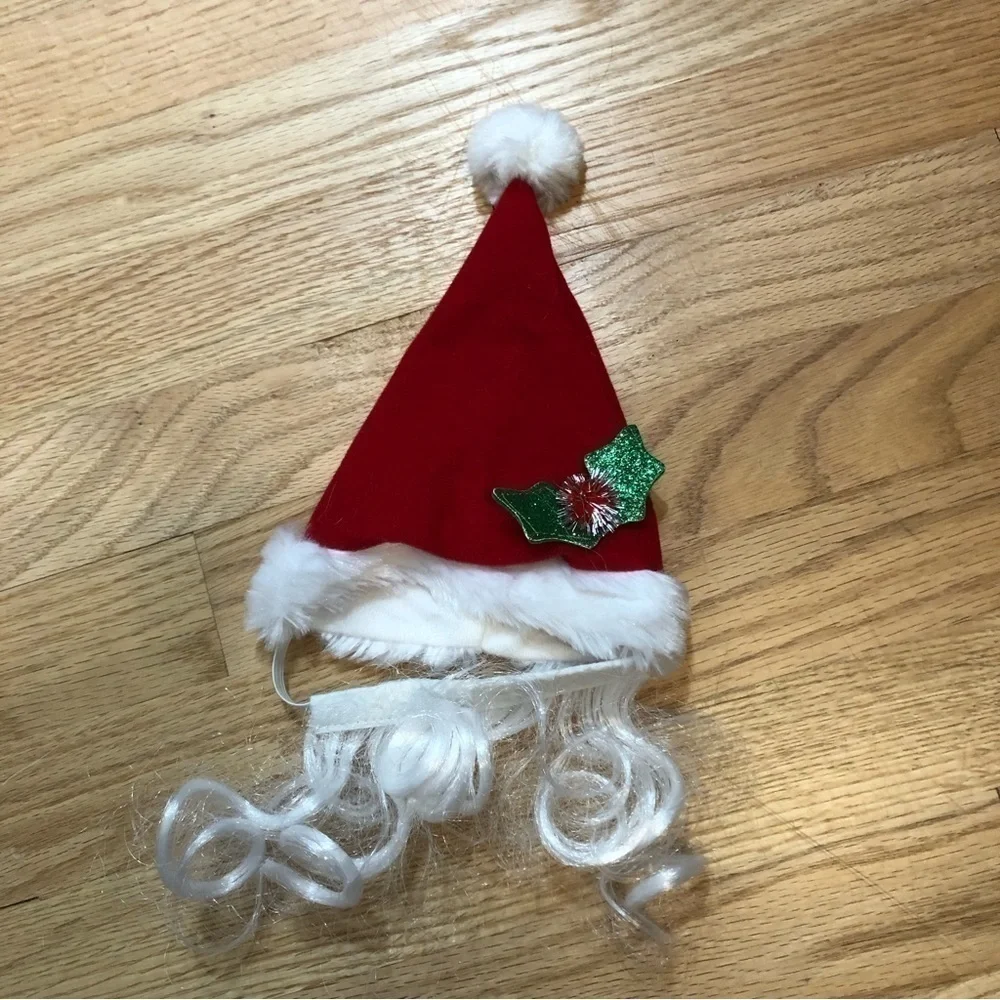 Santa Hat W/ Beard Dog Animal Small Pug Red Christmas
